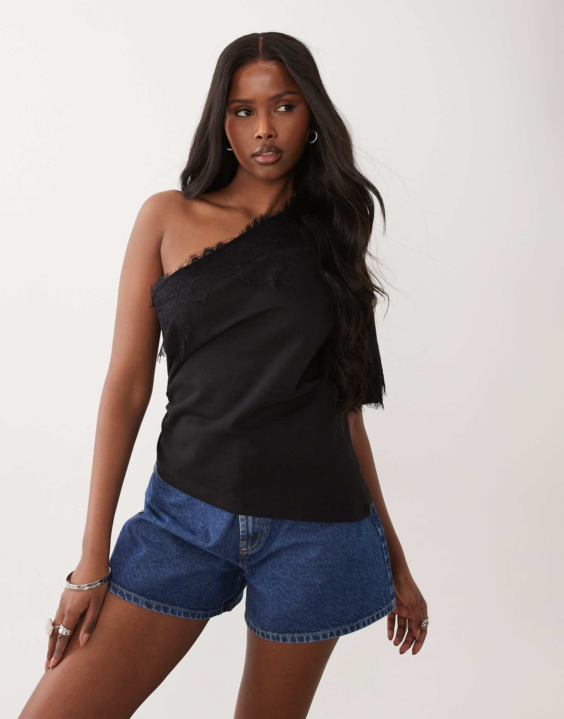 asos design one short sleeve top with lace trim in black