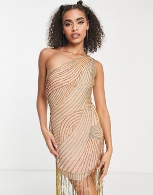 ASOS DESIGN one shoulder all over diamante embellished mesh mini dress in gold