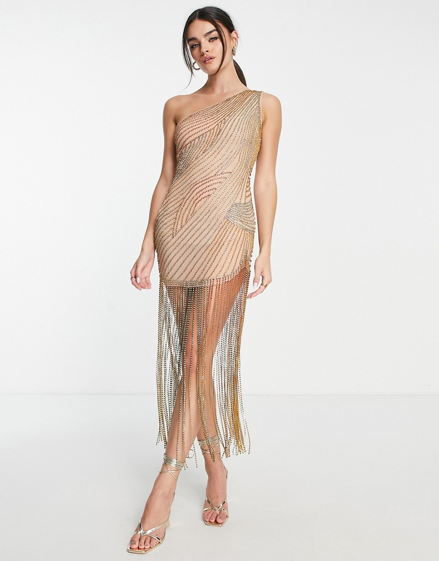 ASOS DESIGN one shoulder all over diamante embellished mesh mini dress in gold-Multi