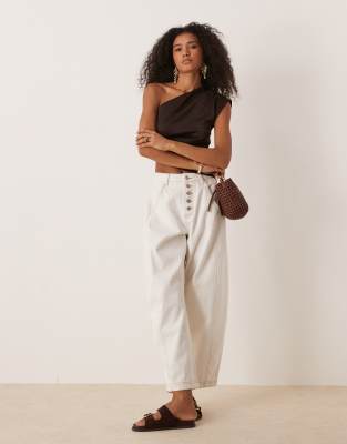 Asos Design One Shoulder Asymmetric Hem Top With Ruching In Brown