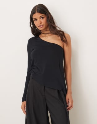 Asos Design One Shoulder Asymmetric Long Sleeve Top In Black