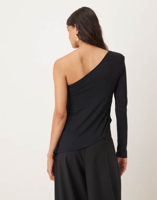 ASOS DESIGN one shoulder asymmetric long sleeve top with shoulder pads in black, 3 of 4