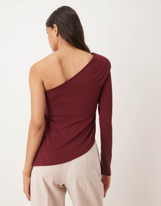 ASOS DESIGN one shoulder asymmetric long sleeve top with shoulder pads in burgundy