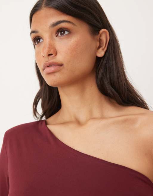 ASOS DESIGN one shoulder asymmetric long sleeve top with shoulder pads in burgundy
