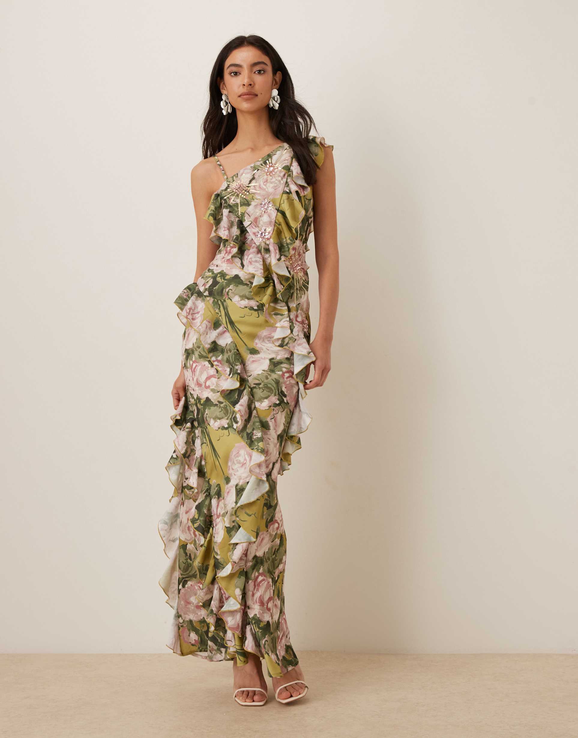 asos design one shoulder asymmetric ruffle satin embellished maxi dress in green floral print