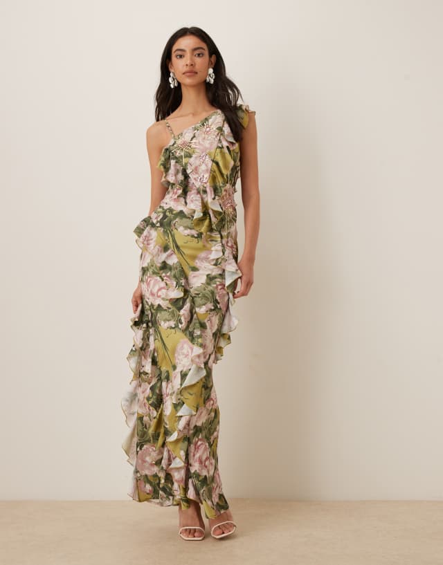 embellished asymmetric maxi dress ASOS DESIGN one shoulder ruffle satin in green floral print PRETTYGARDEN Women's A Line 8.27.24 %0D%0AYKK%20zipper%20(known%20as%20the%20most%20durable%20and%20reliable%20zippers%20manufactured%20today) Size:2X