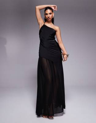 Asos Design One Shoulder Asymmetric Satin & Chiffon Maxi Dress In Black