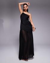 Lace & Beads backless ruffle tulle maxi dress in black