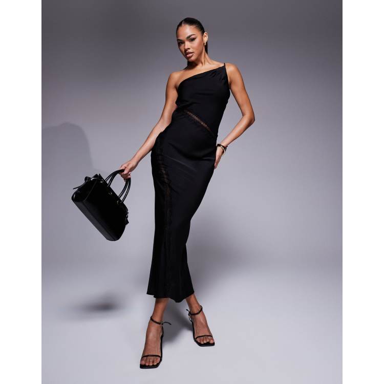 ASOS DESIGN one shoulder asymmetric satin lace detail maxi dress | ASOS