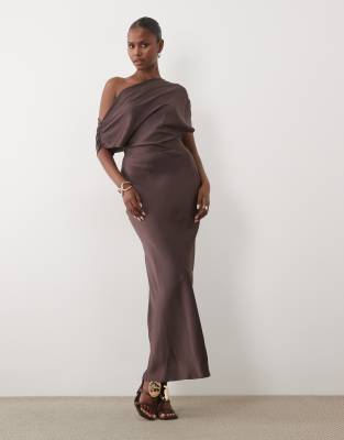 Asos Design One Shoulder Asymmetric Satin Maxi Dress In Brown