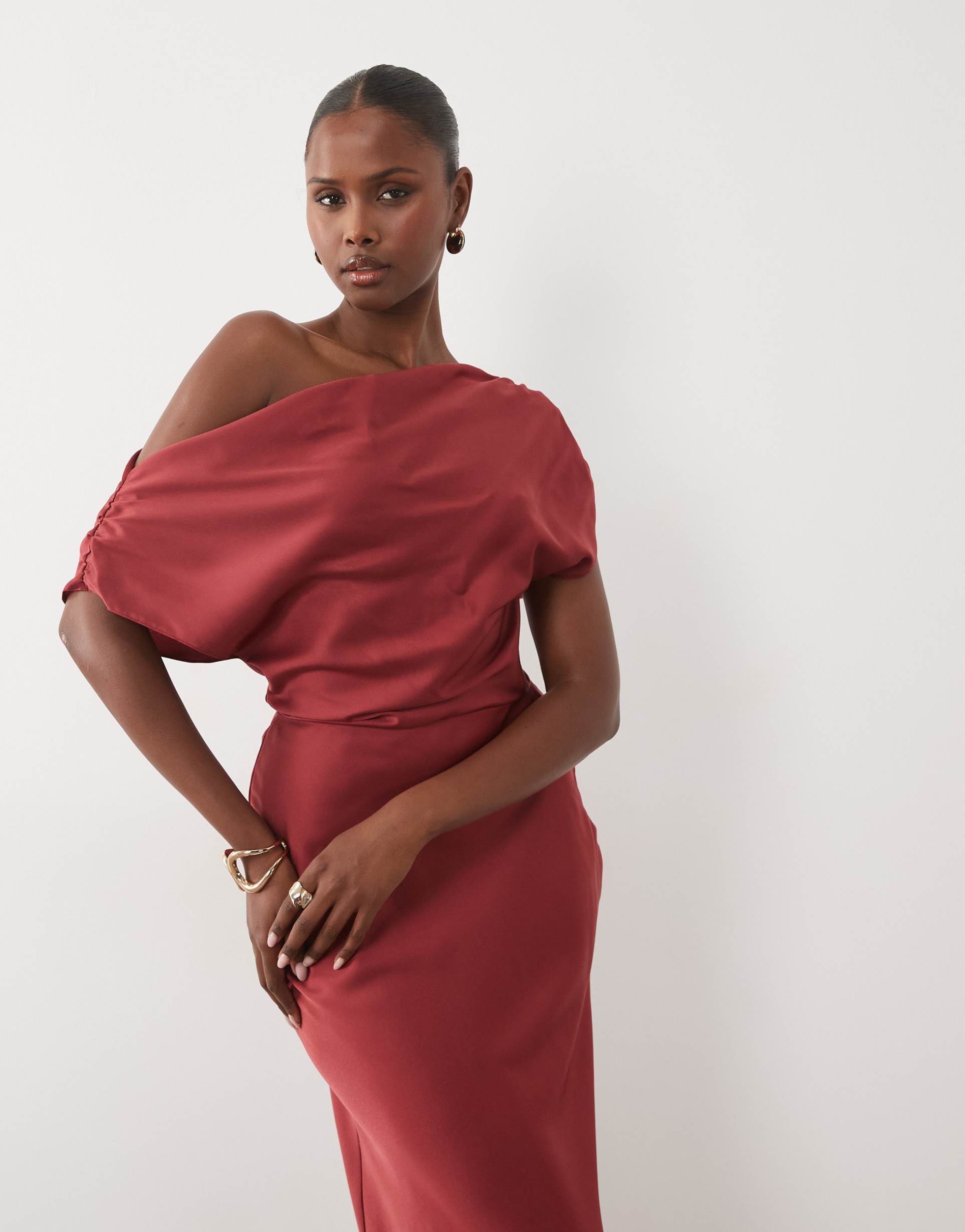 asos design one shoulder asymmetric satin maxi dress in deep red