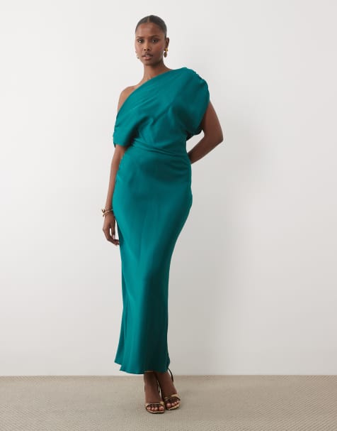 ASOS DESIGN one shoulder asymmetric satin maxi dress in teal green - view 1