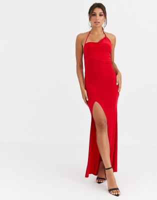 ASOS DESIGN one shoulder asymmetric slinky maxi dress-Red