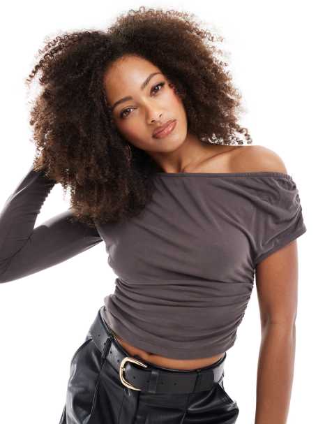 ASOS DESIGN one shoulder asymmetric top in dark gray - view 1