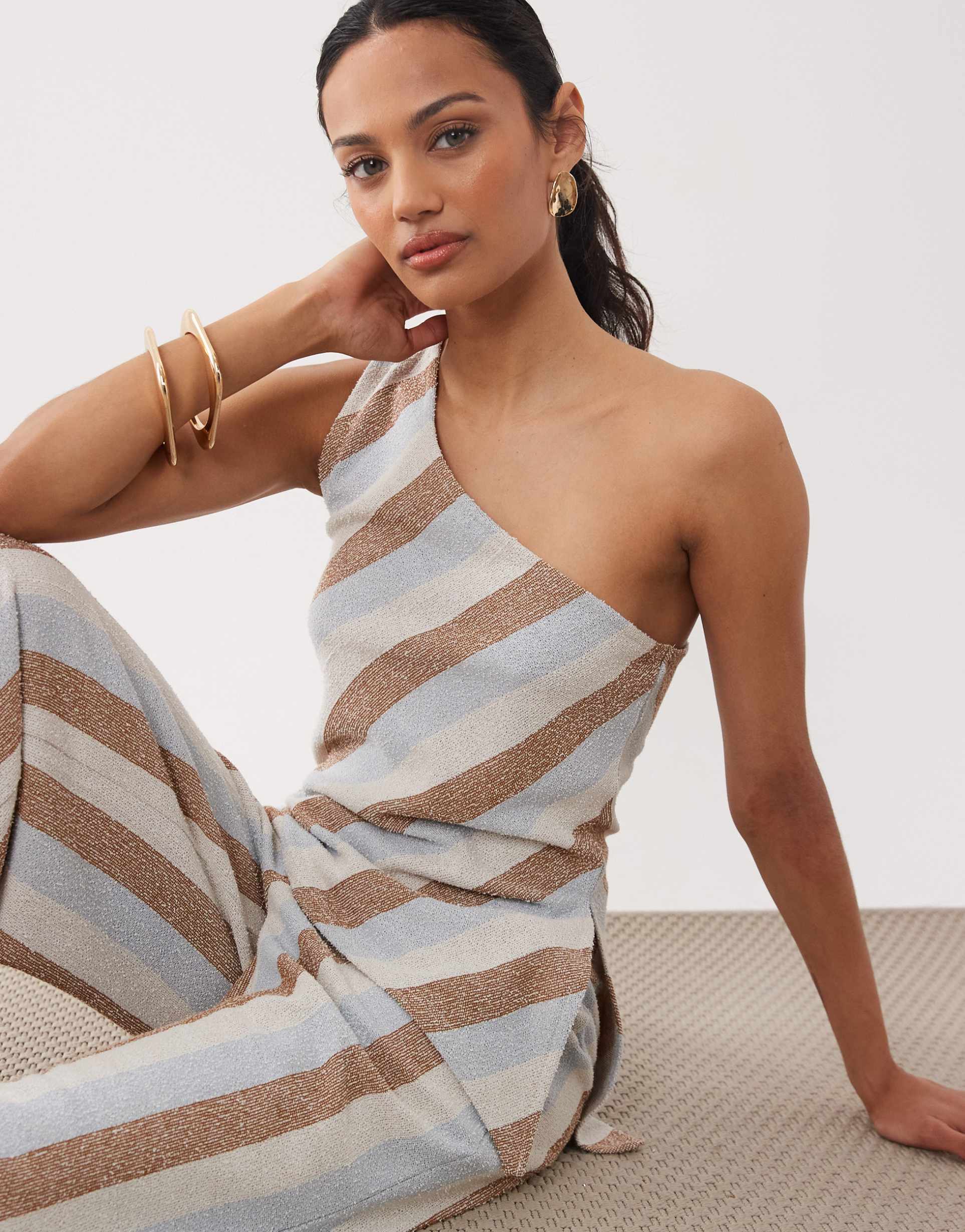 asos design one-shoulder asymmetric top set in stripe print