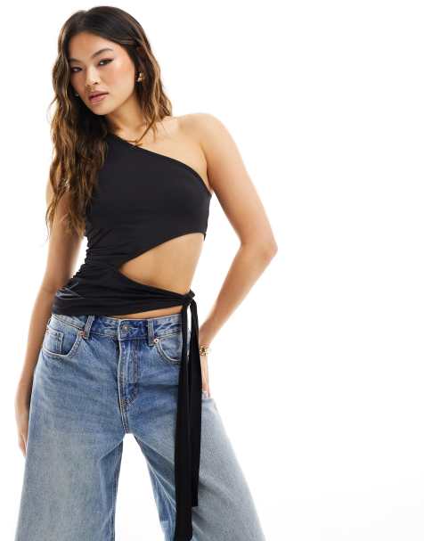 ASOS DESIGN one shoulder asymmetric top with tie in black - view 1