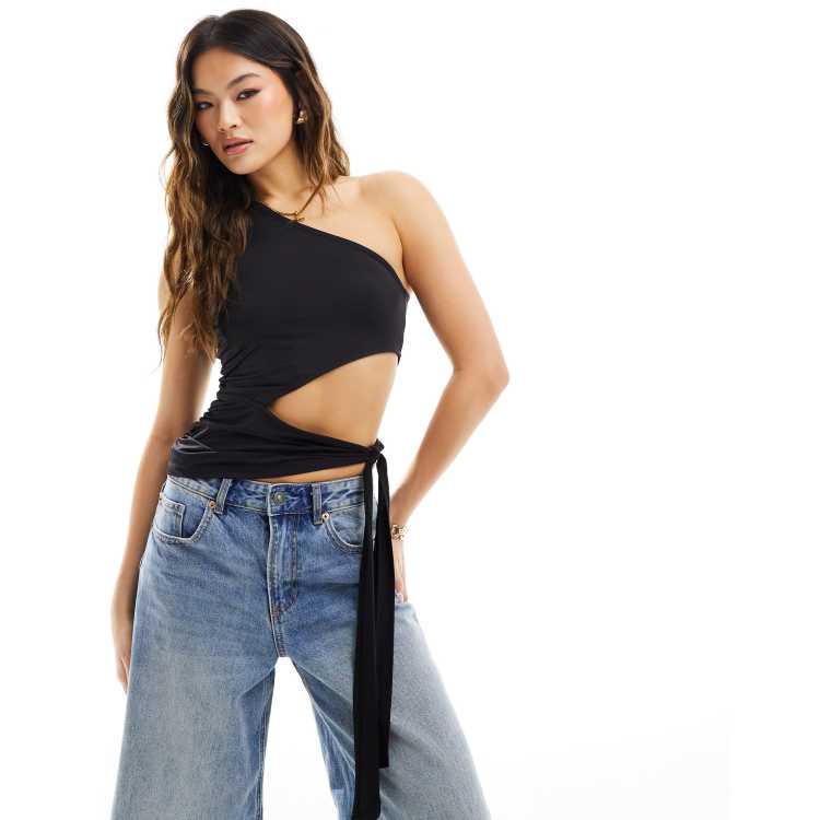 ASOS DESIGN one shoulder asymmetric top with tie in black | ASOS