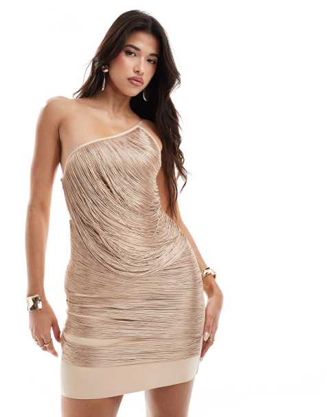 ASOS DESIGN one shoulder bandage fringed mini dress in rose gold - view 1