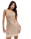 [ASOS DESIGN] ASOS DESIGN one shoulder bandage fringed mini dress in rose gold 8 Rose Gold
