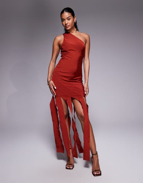 ASOS DESIGN one shoulder bandage maxi dress with bandage drapes in dark cherry - view 1