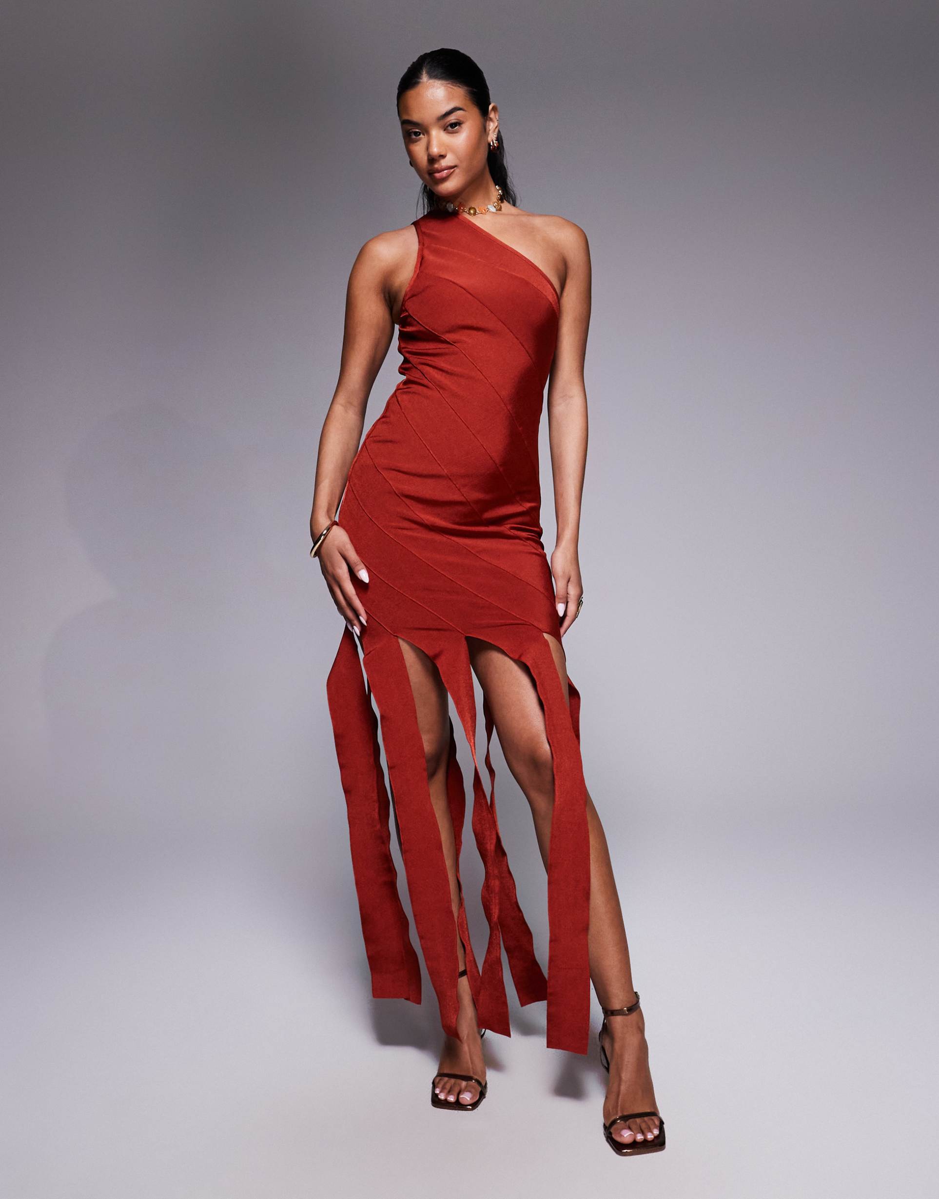 asos design one-shoulder bandage maxi dress with bandage drapes in dark cherry