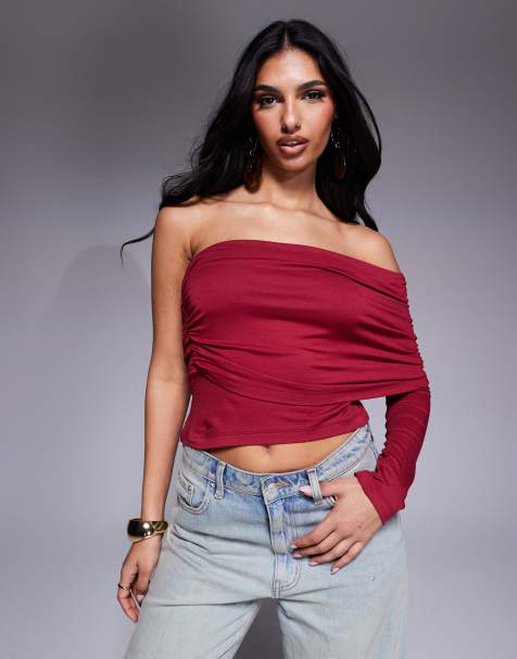 ASOS DESIGN one shoulder bardot top in berry - view 1