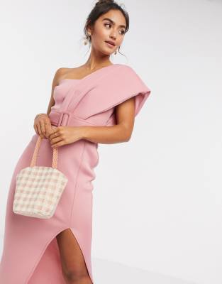 pink one shoulder midi dress