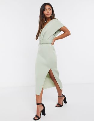 one shoulder belted midi dress