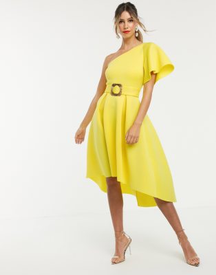 one shoulder belted midi dress