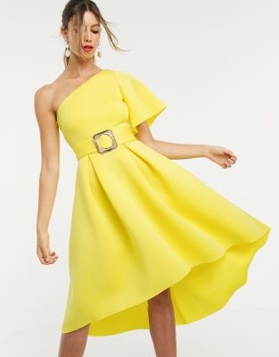 asos yellow one shoulder dress