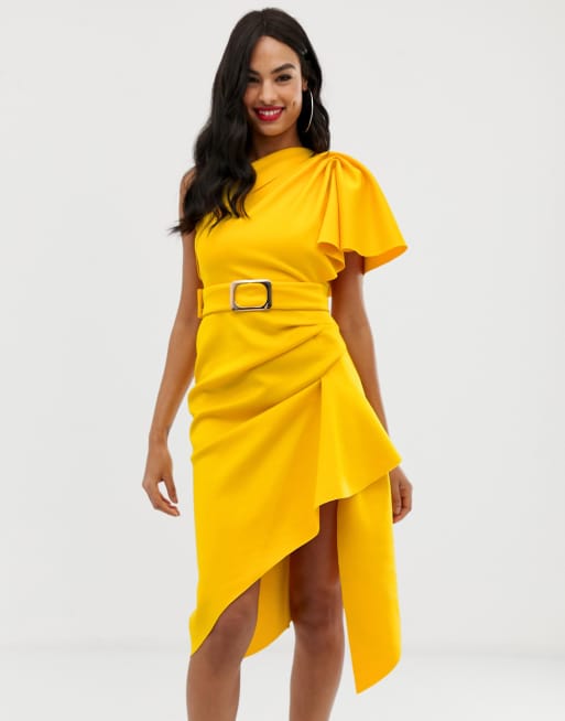 ASOS DESIGN one shoulder belted pencil dress with tuck detail | ASOS