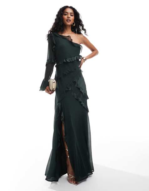 ASOS DESIGN one shoulder bias cut ruffle satin chiffon mix maxi dress in forest green - view 1