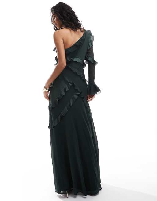 ASOS DESIGN one shoulder bias cut ruffle satin chiffon mix maxi dress in forest green