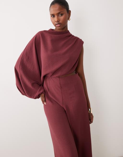 ASOS DESIGN one shoulder blouson sleeve cut out jumpsuit in chocolate, 2 of 4