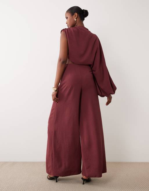 ASOS DESIGN one shoulder blouson sleeve cut out jumpsuit in chocolate, 3 of 4