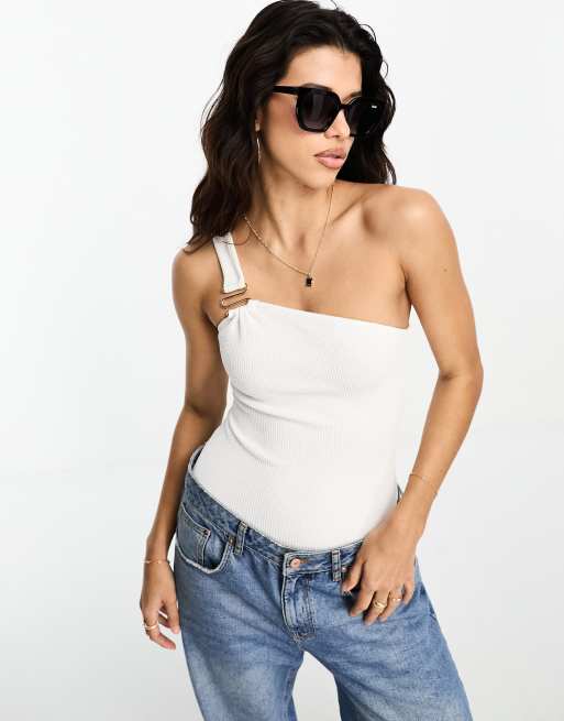 WHITE One shoulder asymmetric bodysuit, Bodysuits