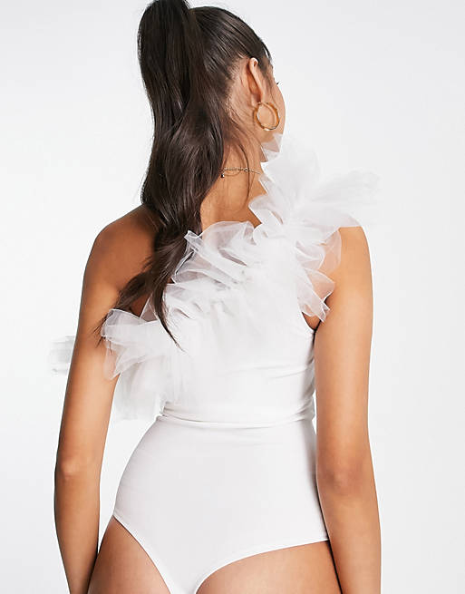 ASOS DESIGN one shoulder bodysuit with tulle trim in white