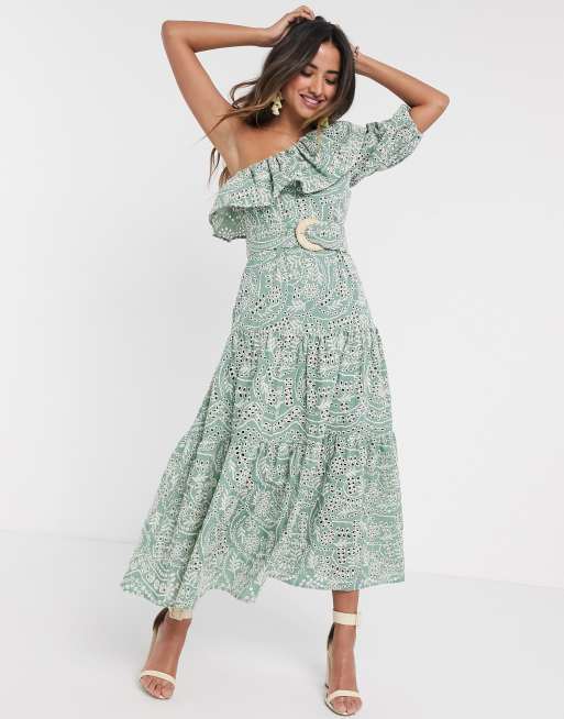 ASOS DESIGN one shoulder broderie ruffle maxi dress with raffia belt in  sage green