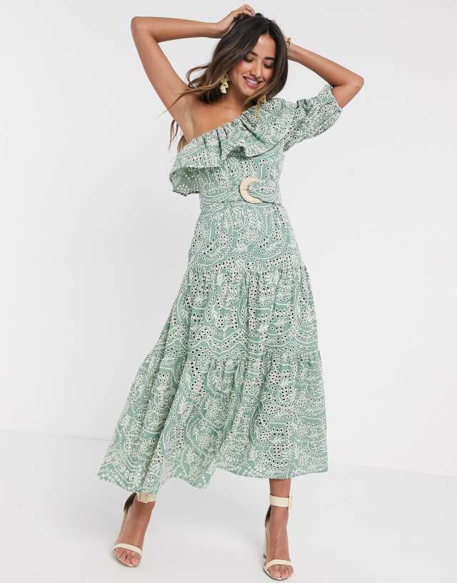 ASOS DESIGN one shoulder broderie ruffle maxi dress with raffia belt in sage green