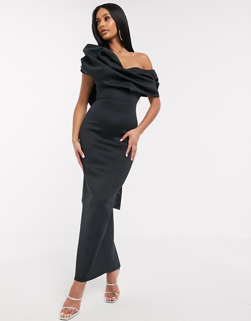 ASOS DESIGN one shoulder bubble neckline maxi dress in black | ASOS