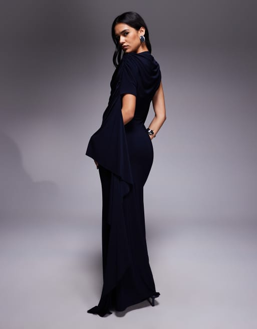 ASOS DESIGN one shoulder cape maxi dress in navy, 3 of 4