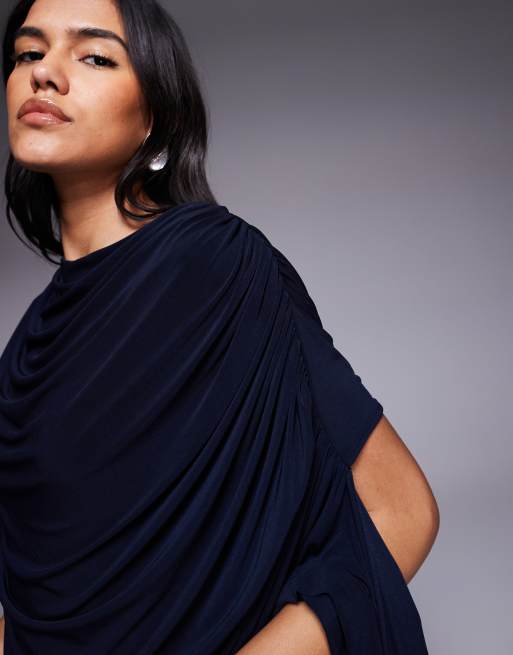 ASOS DESIGN one shoulder cape maxi dress in navy, 4 of 4