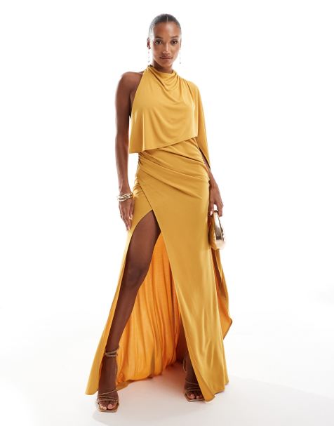 ASOS DESIGN one shoulder cape red carpet maxi dress with train in ochre - view 1