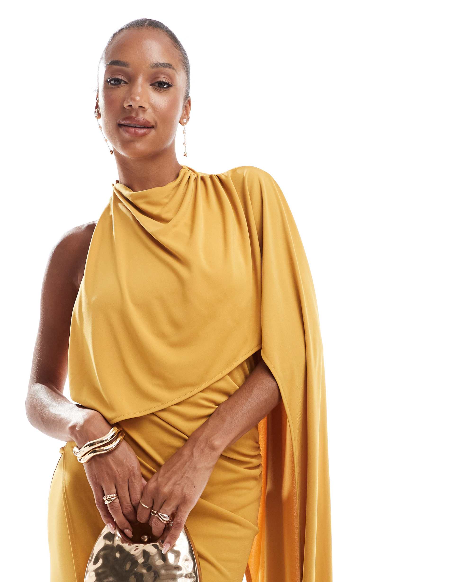 asos design one-shoulder cape red carpet maxi dress with train in ochre
