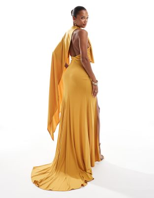 ASOS DESIGN one-shoulder cape red carpet maxi dress with train in ochre