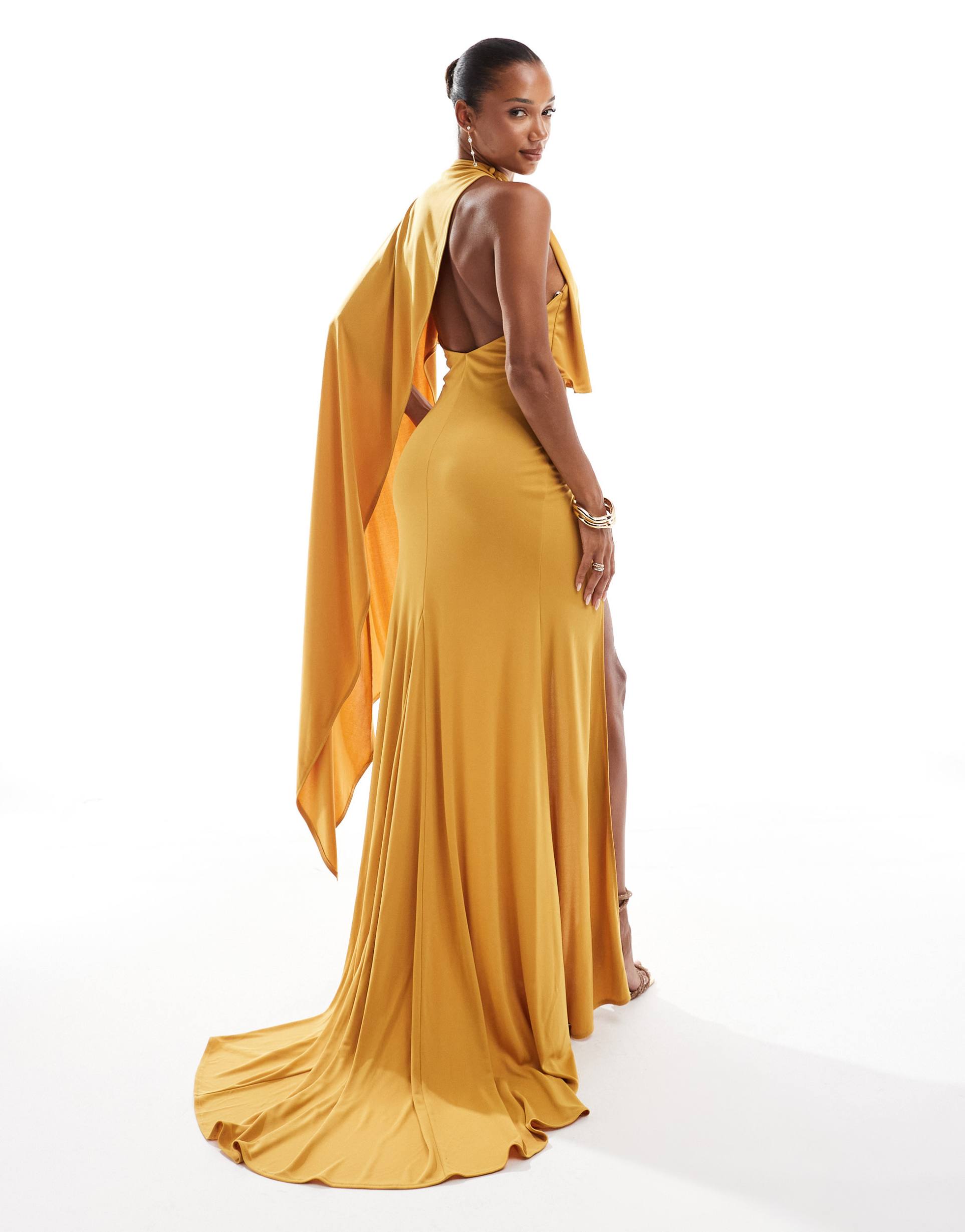 asos design one-shoulder cape red carpet maxi dress with train in ochre