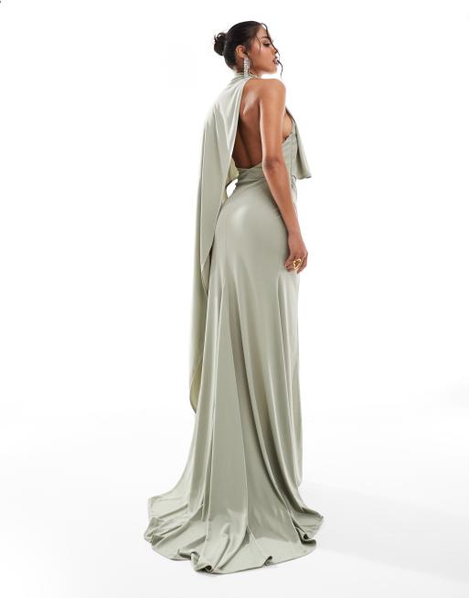 ASOS Design One Shoulder Cape Red Carpet Maxi with Train in Sage Green Gold