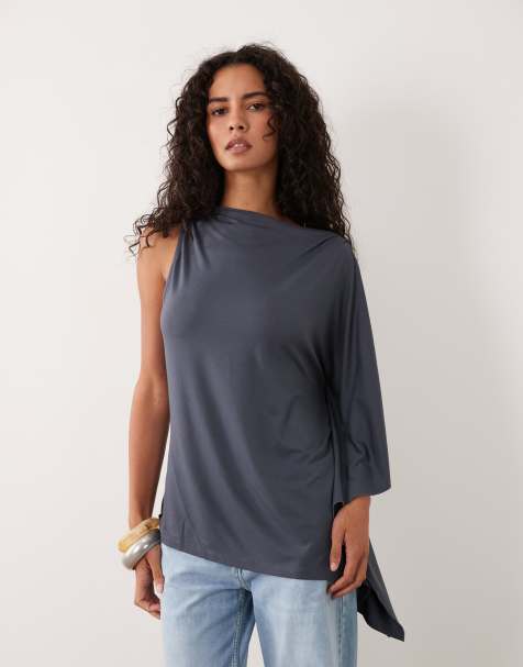 ASOS DESIGN one shoulder cape top in charcoal - view 1