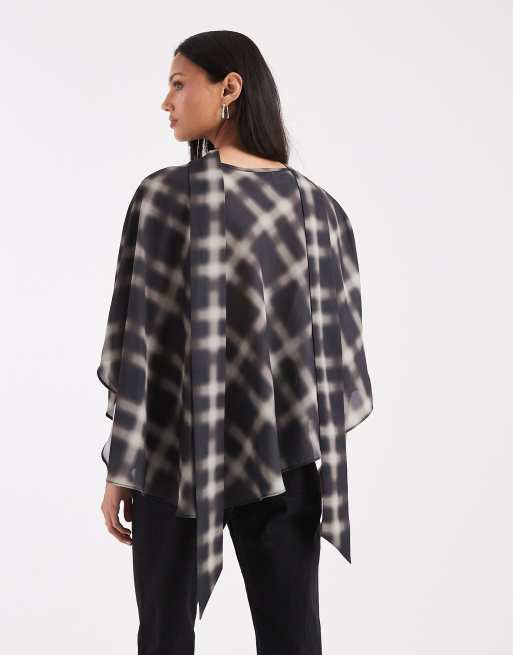 ASOS DESIGN one-shoulder cape top with scarf in check, 2 of 4