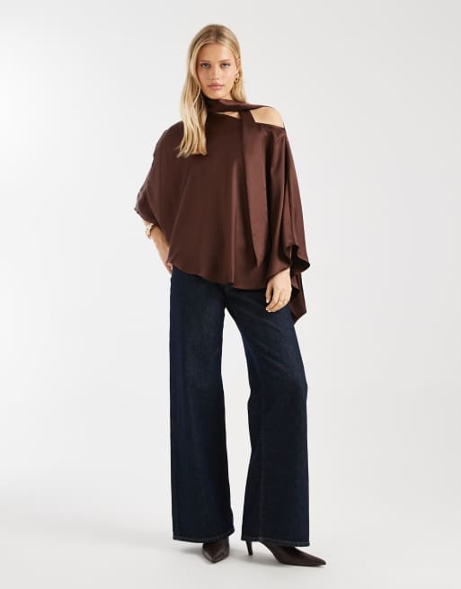 ASOS DESIGN one shoulder cape top with scarf in chocolate, 2 of 4